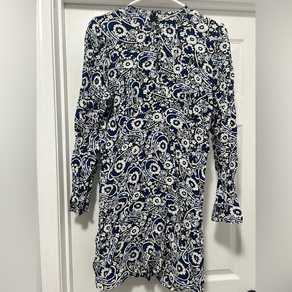 LOFT Navy and White Paisley Long Sleeve Dress